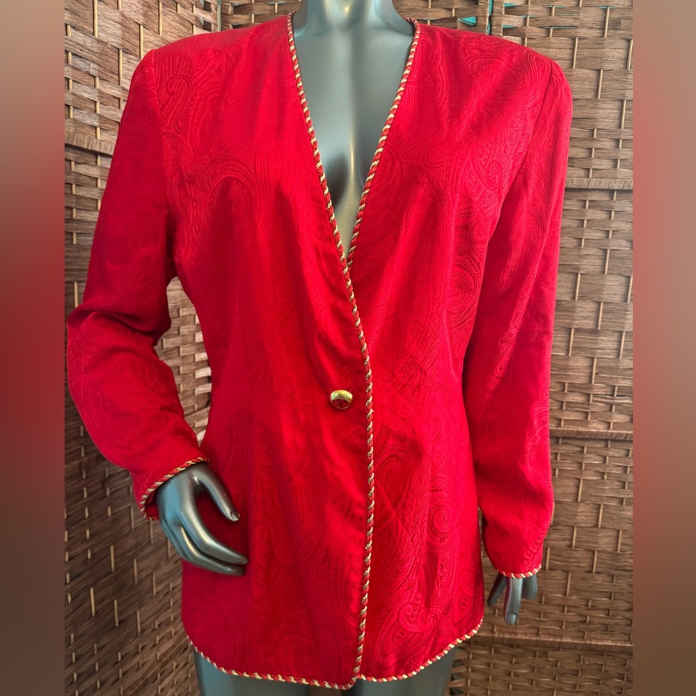 Papell Too Silk Blazer Red Gold Accents Single Button Shoulder Pads Vintage 14